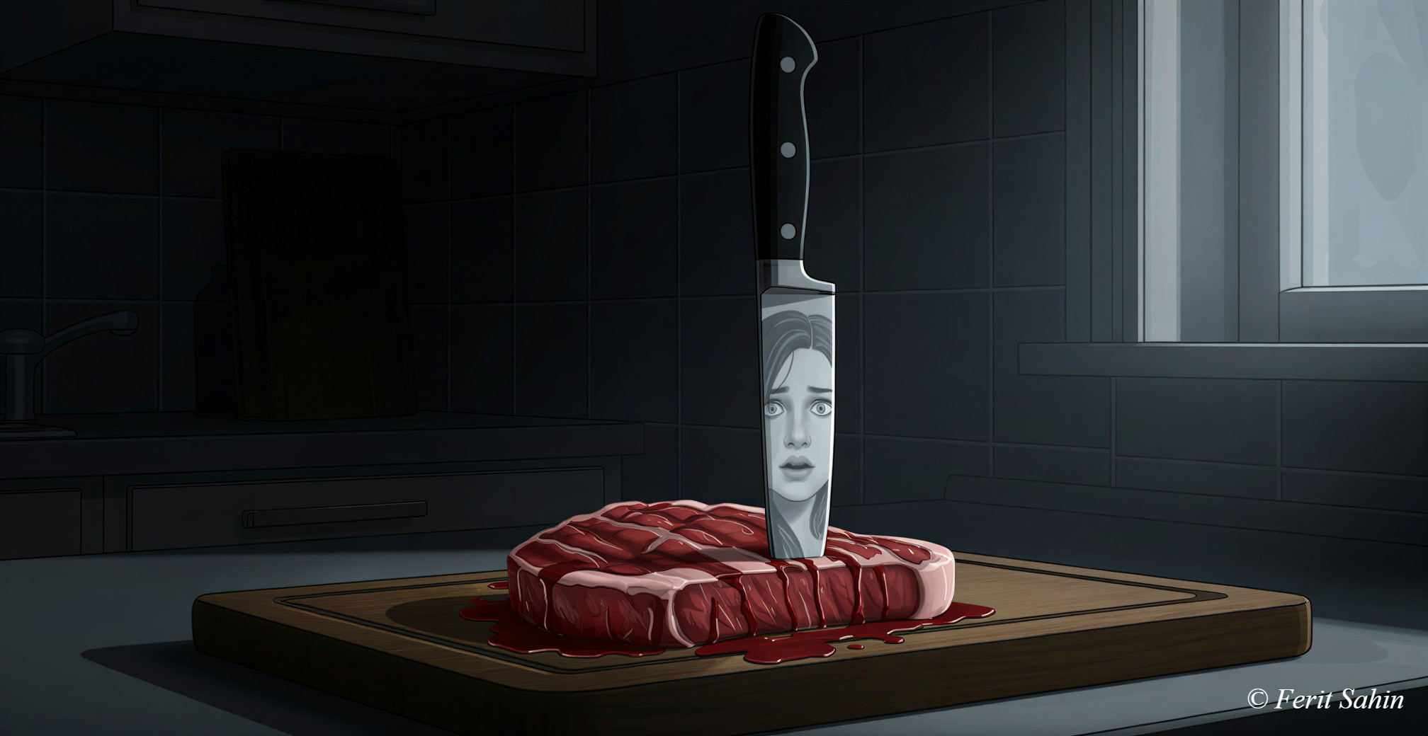 Raw Steak on Cutting Board with Knife and Soft Light