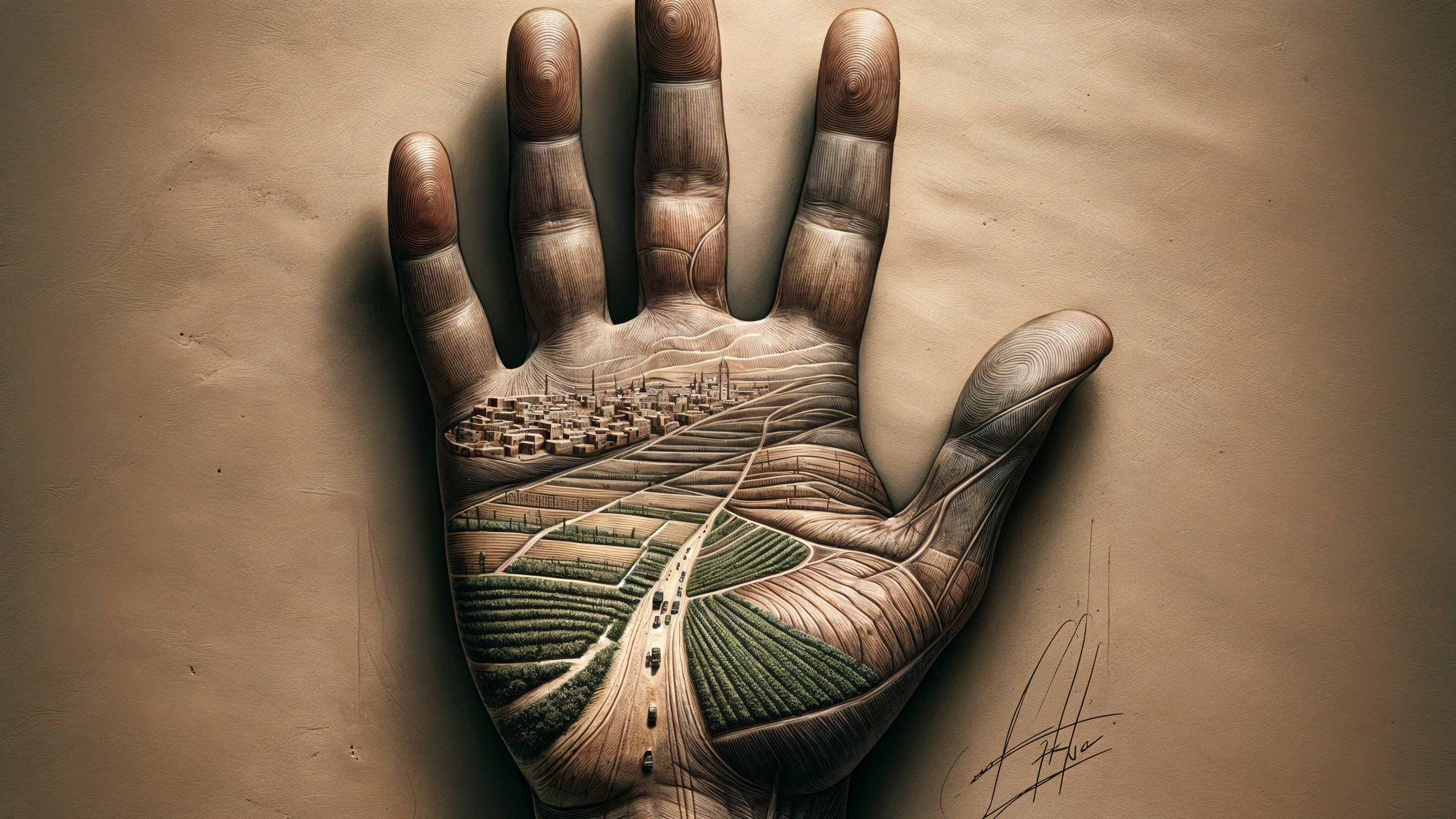 Surreal Human Hand with Intricate Landscape Carving
