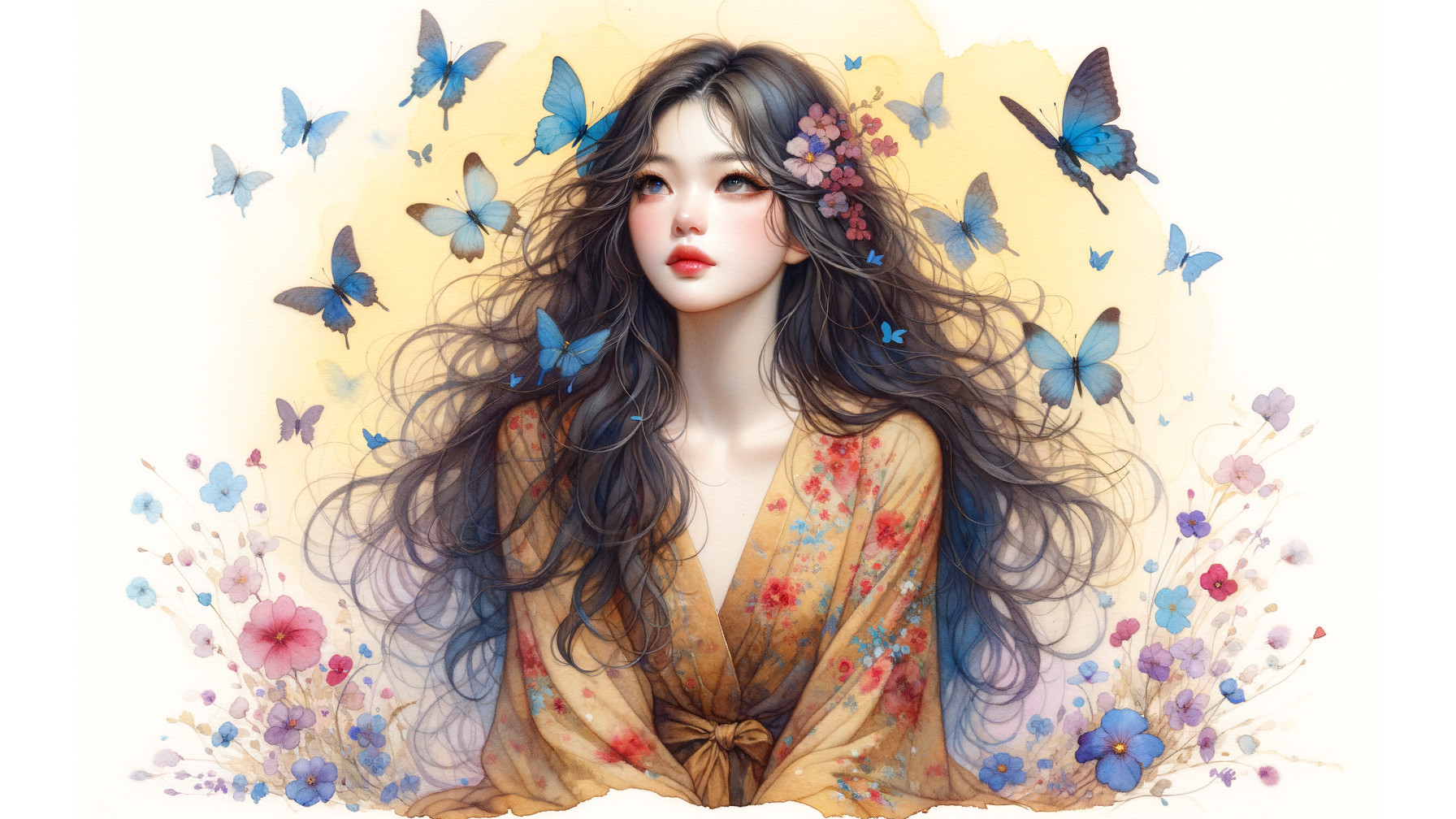 Serene Woman with Butterflies and Floral Robe