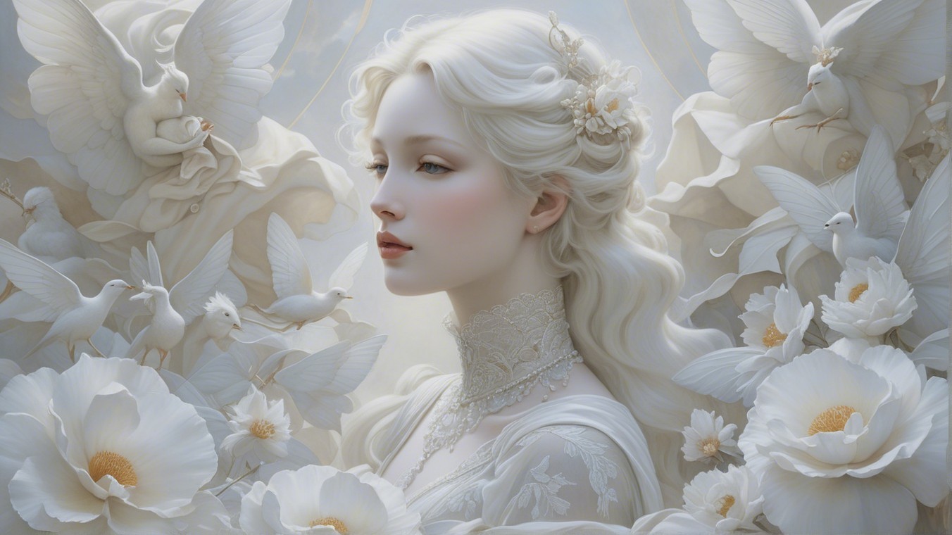 Serene Young Woman with White Hair and Doves