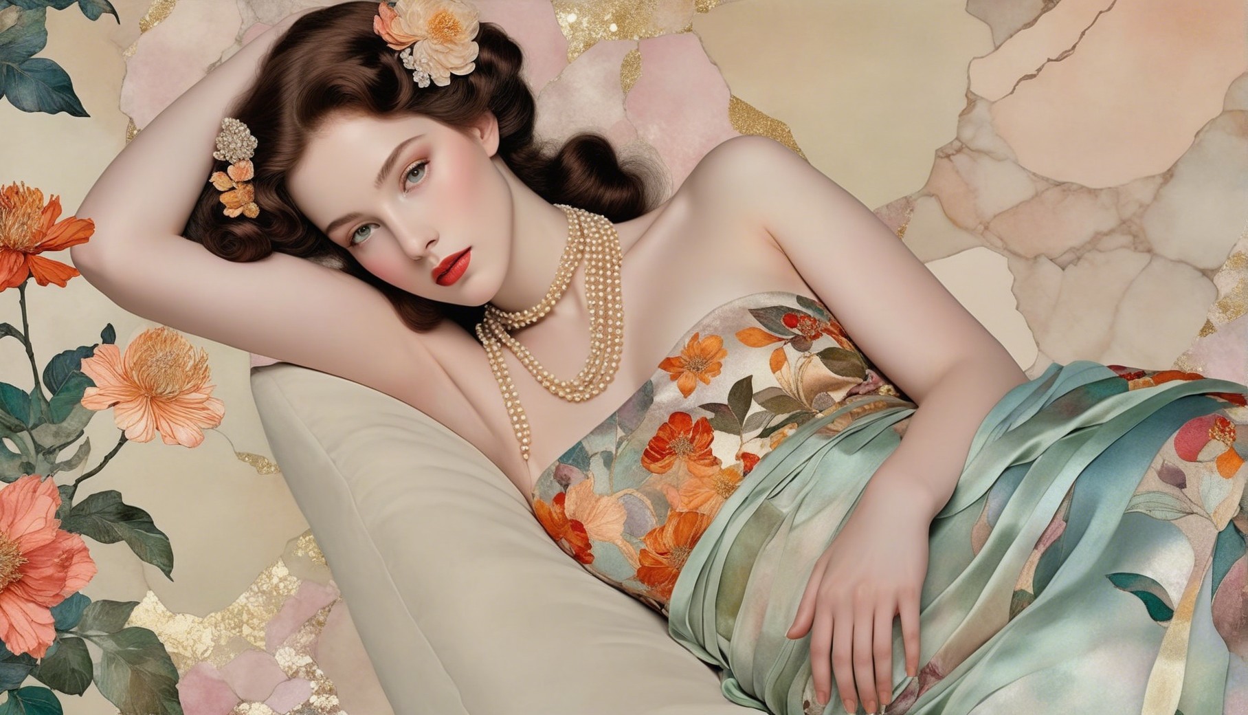 Serene Portrait of Woman in Floral Dress and Pearls