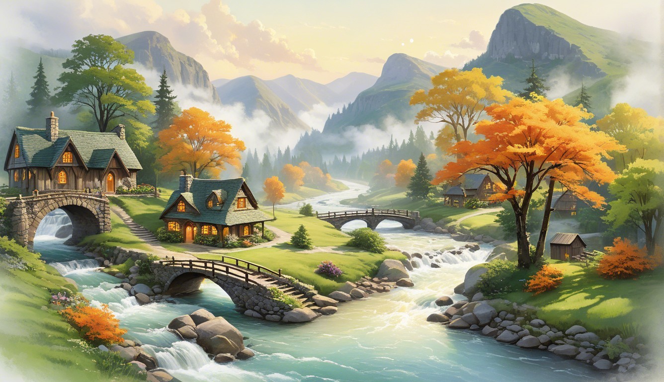 Charming Cottages in Autumn Landscape with River and Mountains