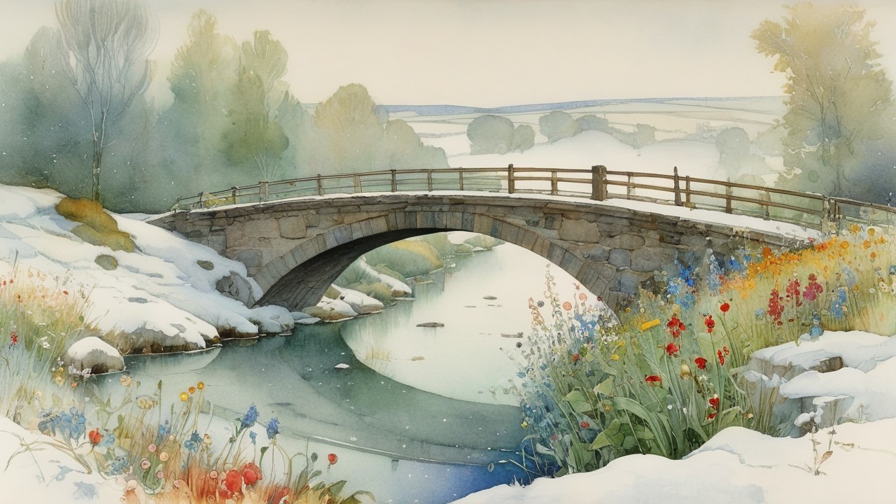 Winter Landscape with Stone Bridge and Wildflowers
