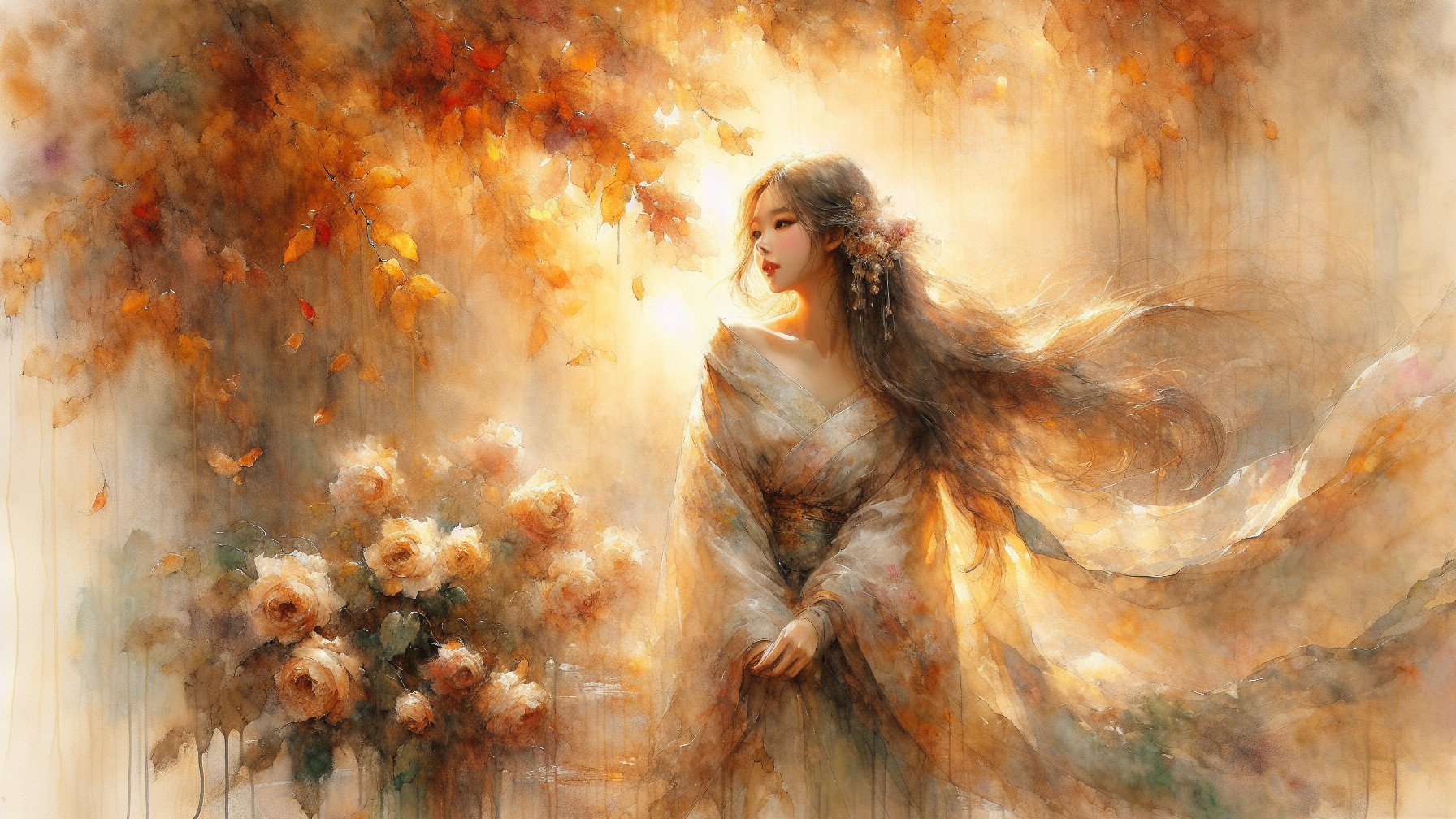 Serene Woman in Dreamy Autumn Landscape with Roses