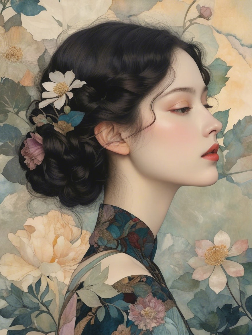 Serene Profile Portrait of a Woman with Flowers