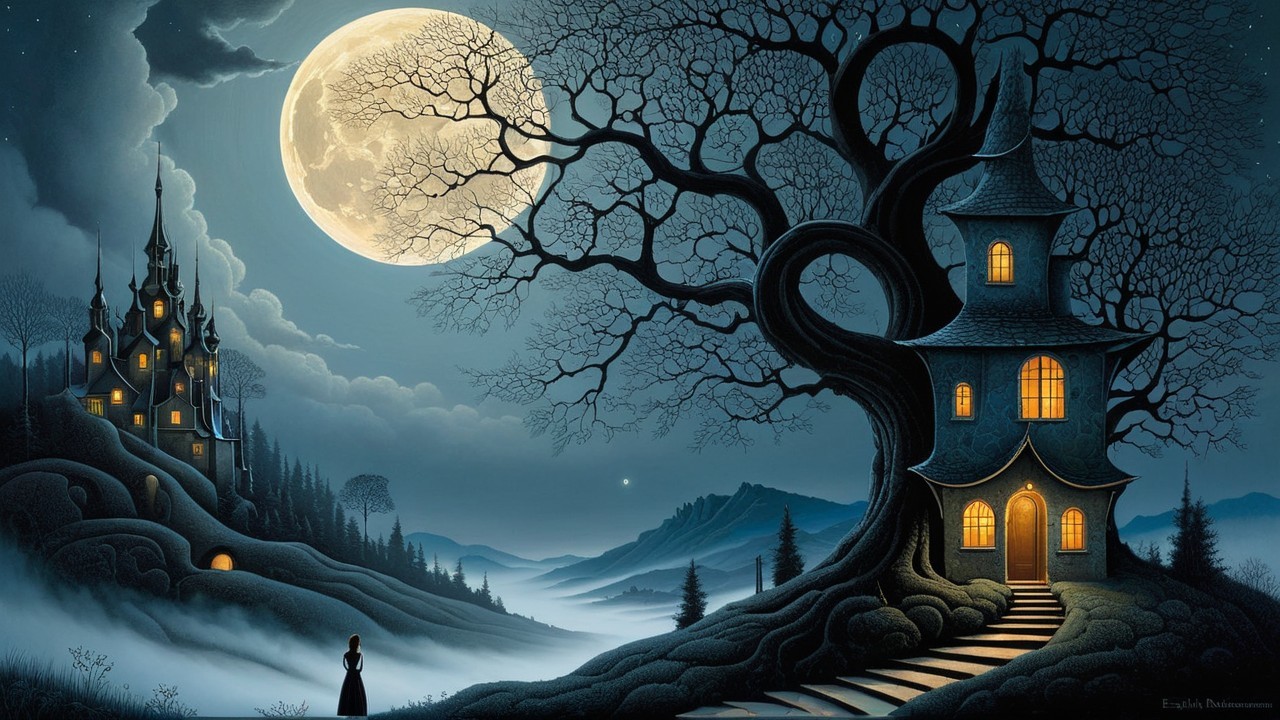 Mystical Night Scene with Glowing Moon and Castle