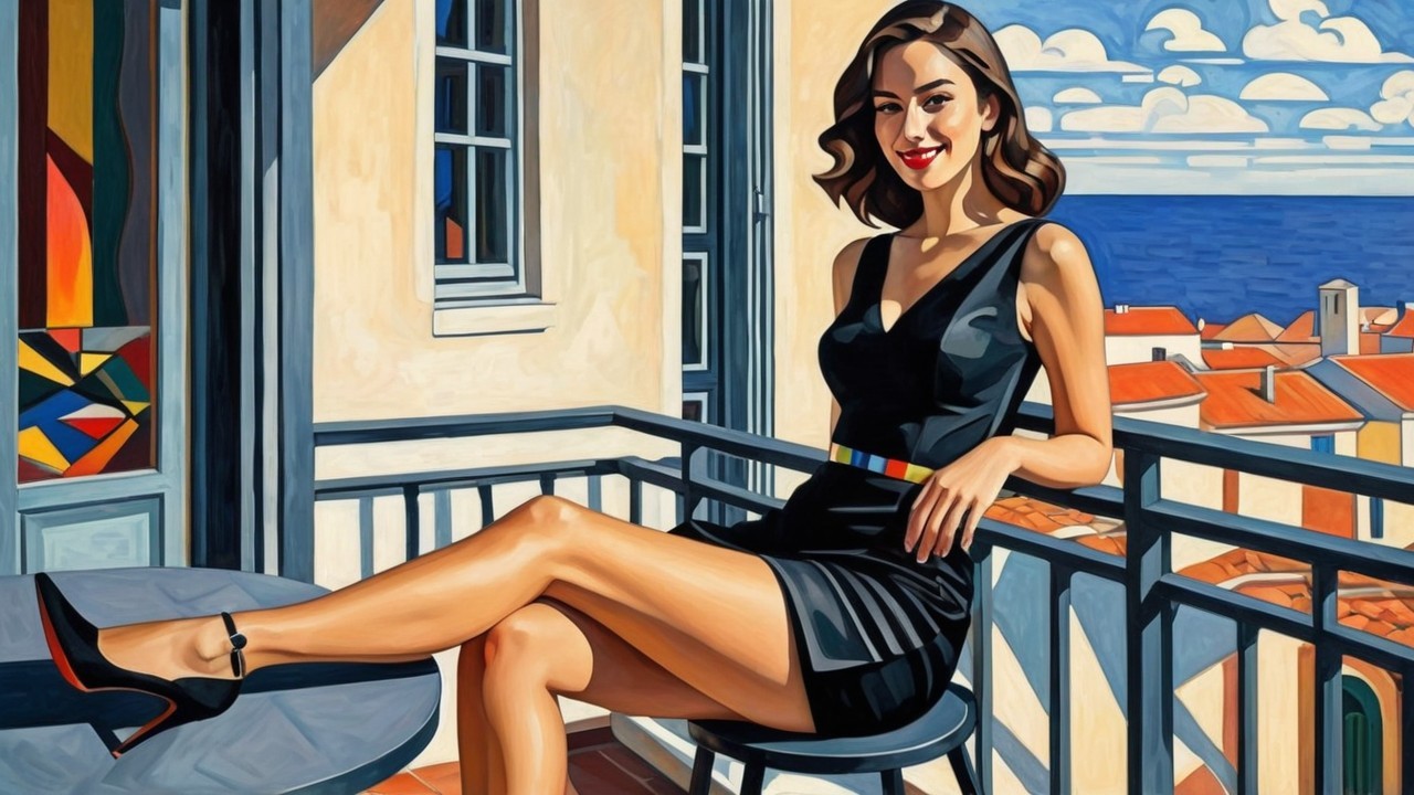 Elegant Woman in Black Dress on Balcony Overlooking Sea