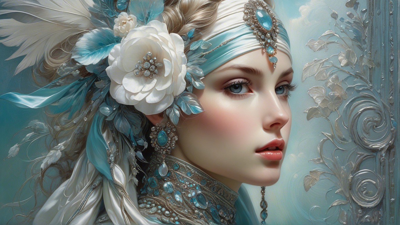 Adorned Woman with Blue Eyes and Floral Headpiece