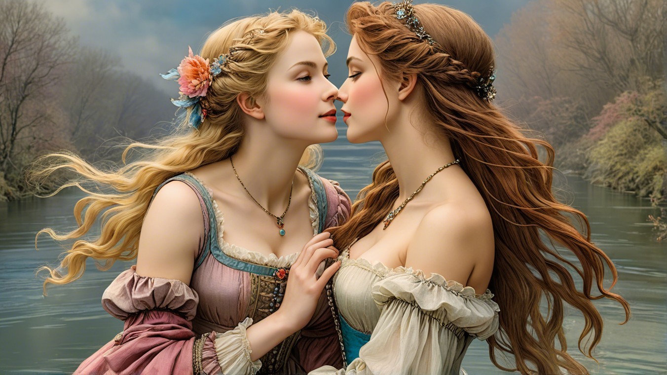 Elegant women in historical gowns by a serene river