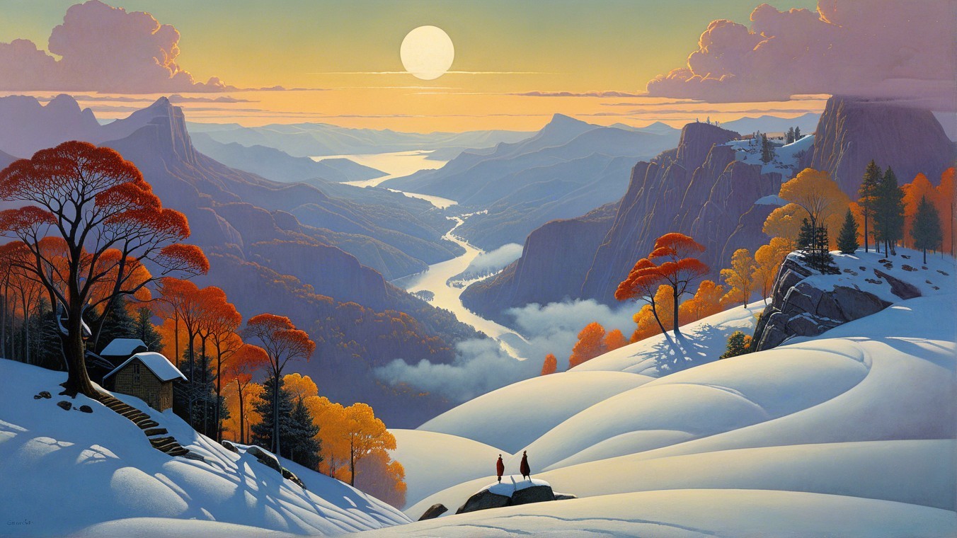 Serene Sunset Landscape with Snowy Hills and Trees