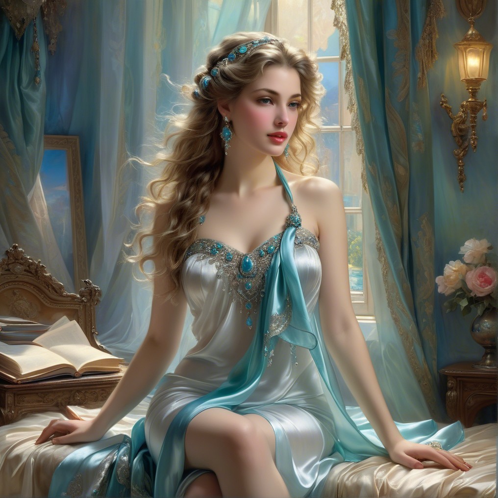 Elegant Woman in Light Blue Gown on Plush Bed