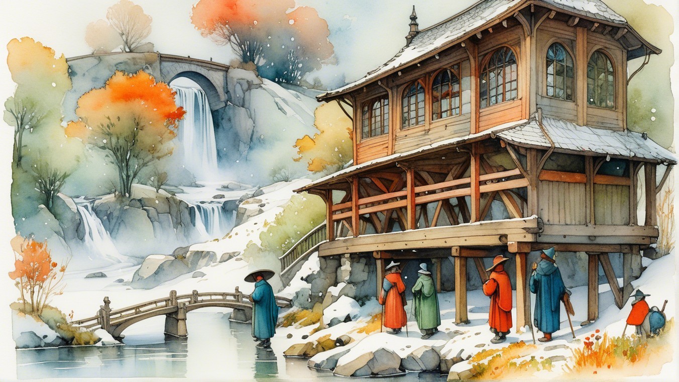 Serene Landscape with Wooden Structure and Waterfall