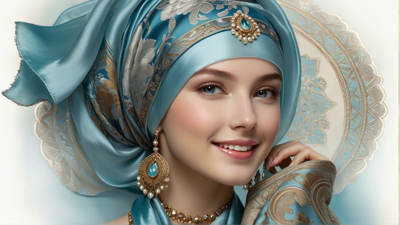 Young woman in turquoise headscarf and elegant jewelry