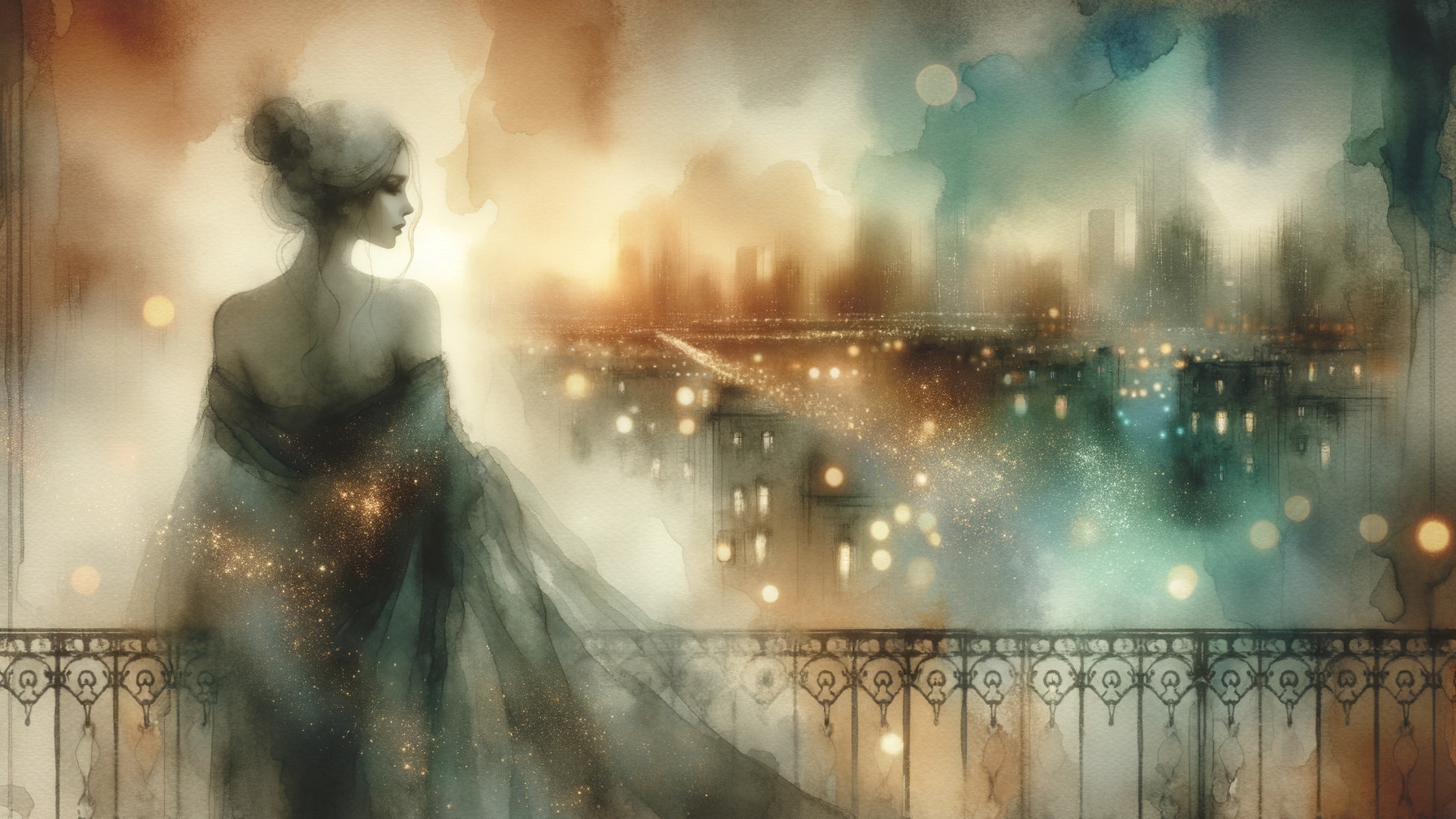Watercolor Nighttime Cityscape with Woman at Window