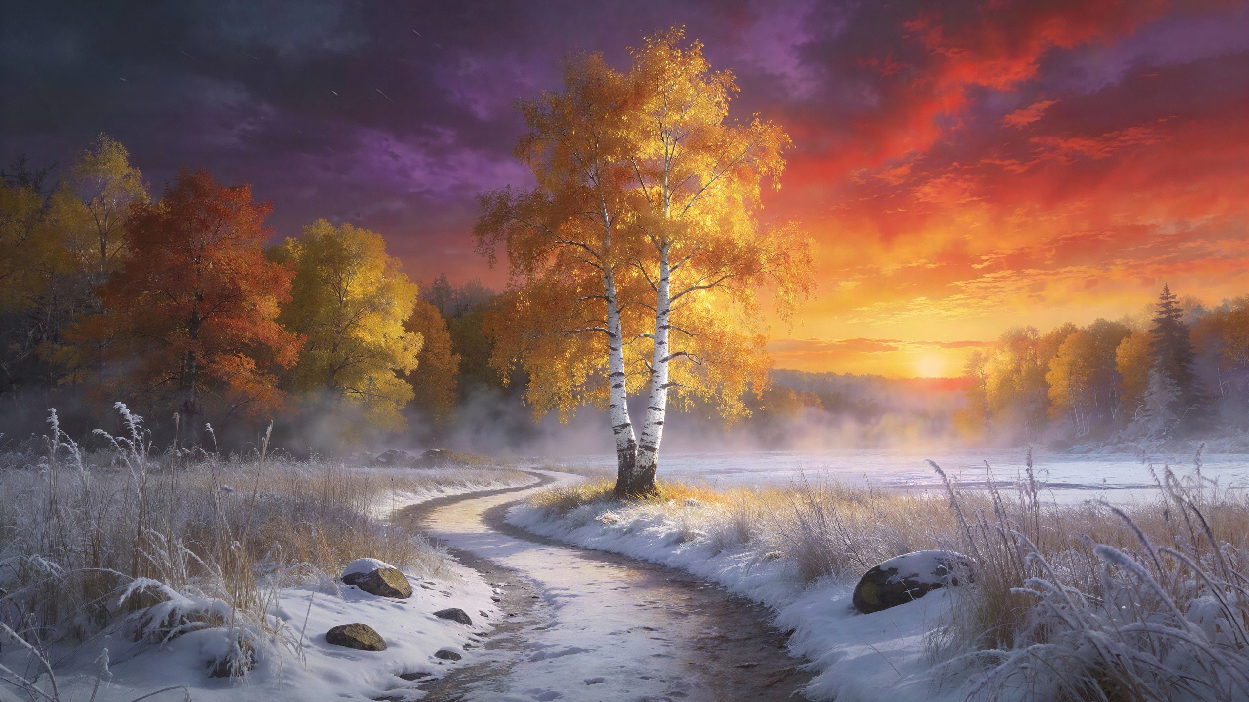 Golden-leaved birch tree on snowy path in foggy forest