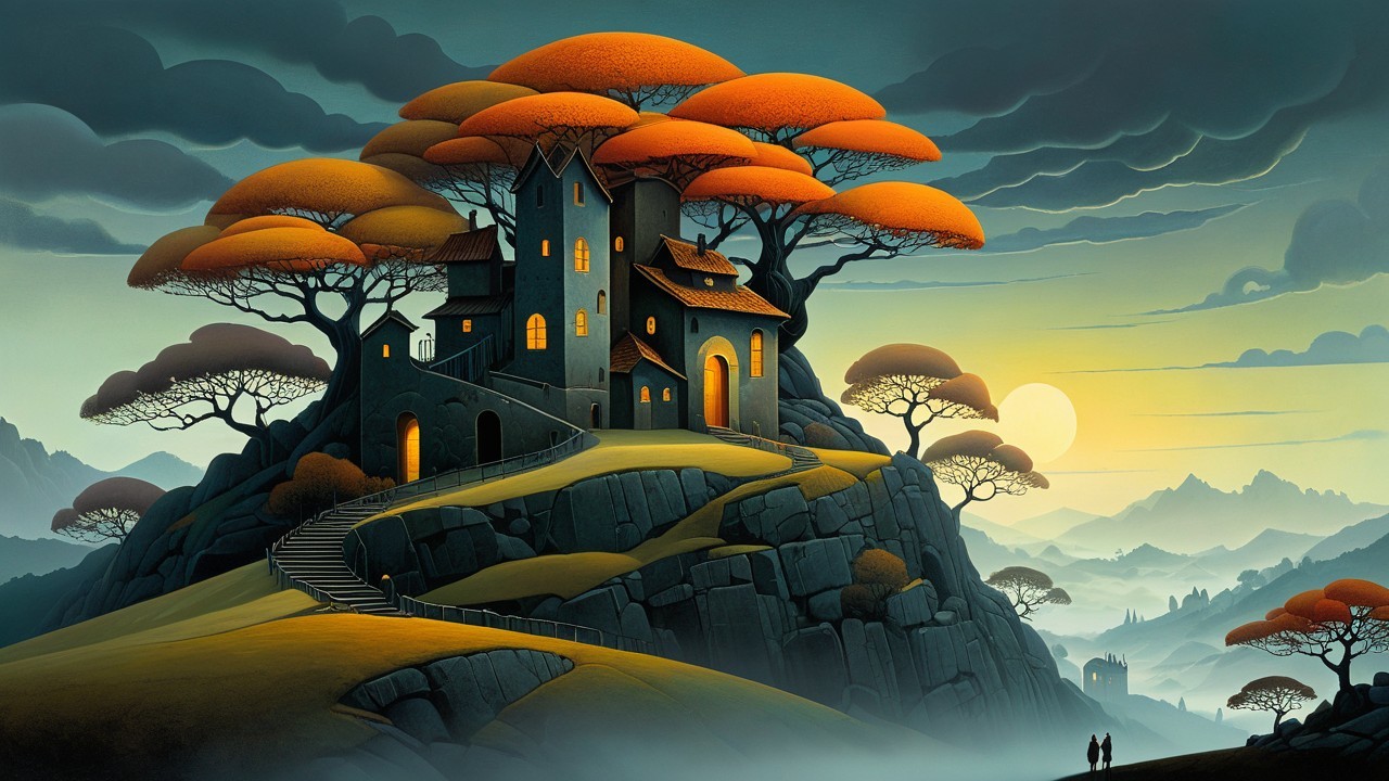 Surreal Landscape with Dark House and Vibrant Trees