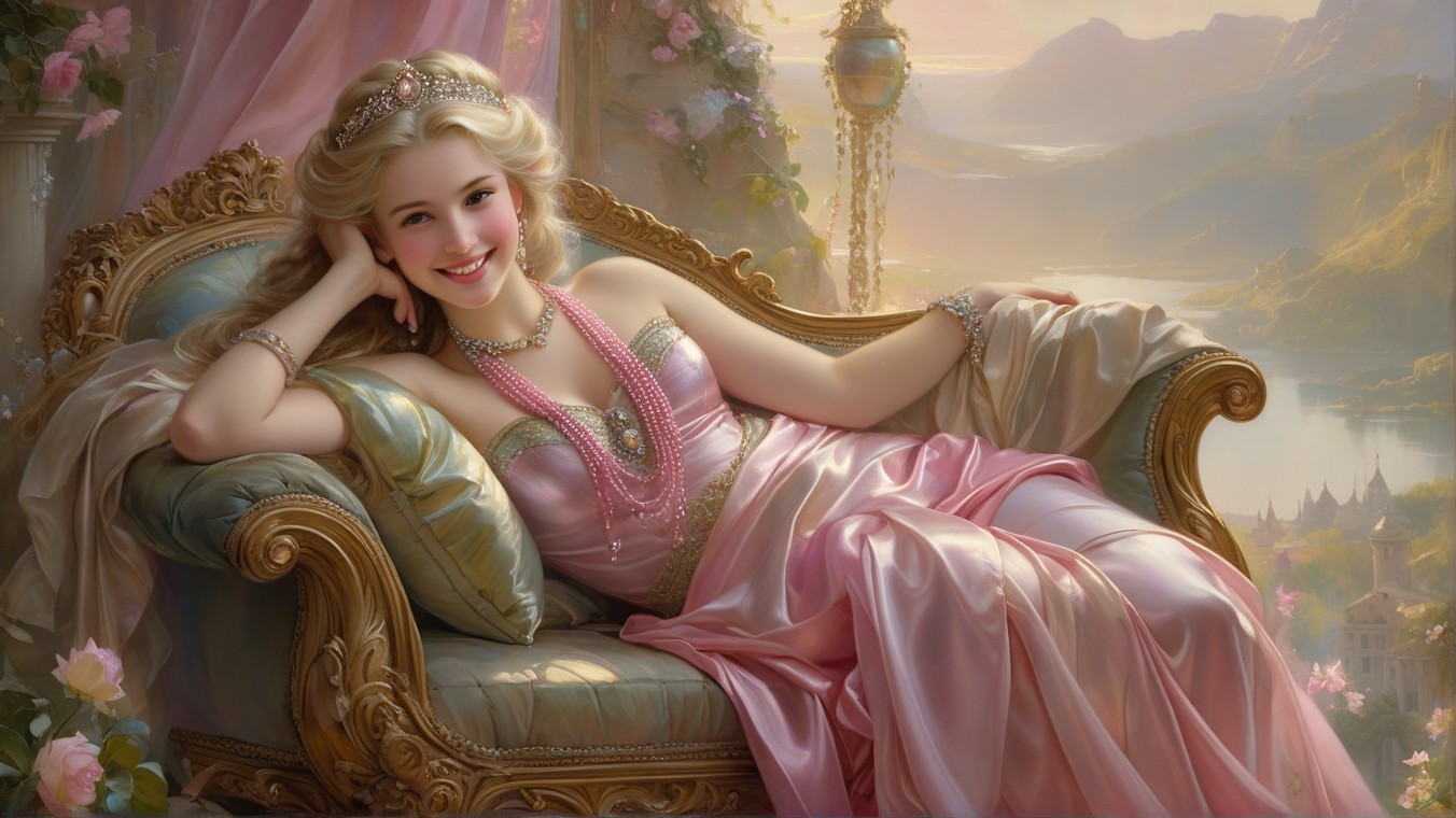Young woman in pink gown on ornate chaise lounge