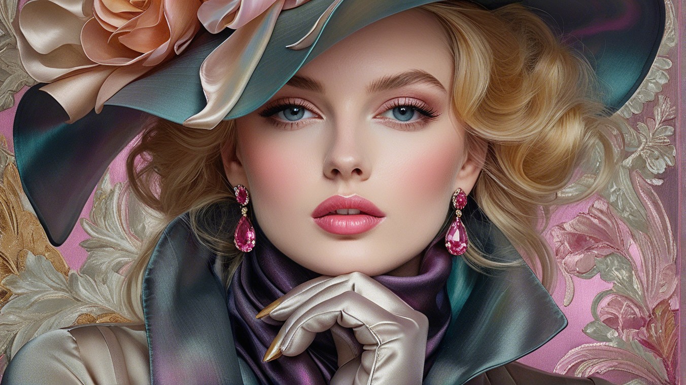 Glamorous Woman with Blonde Curls and Decorative Hat