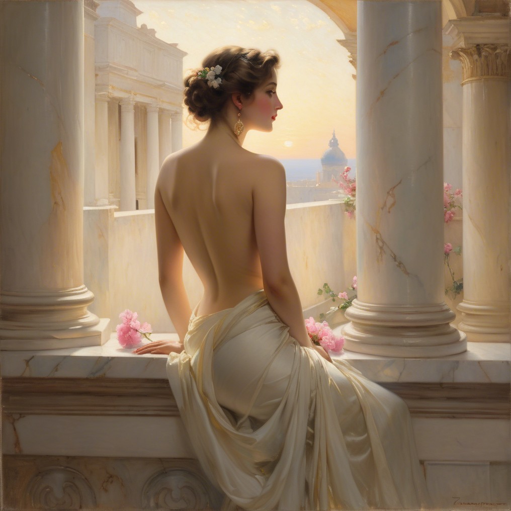Graceful Woman on Marble Balcony at Sunset