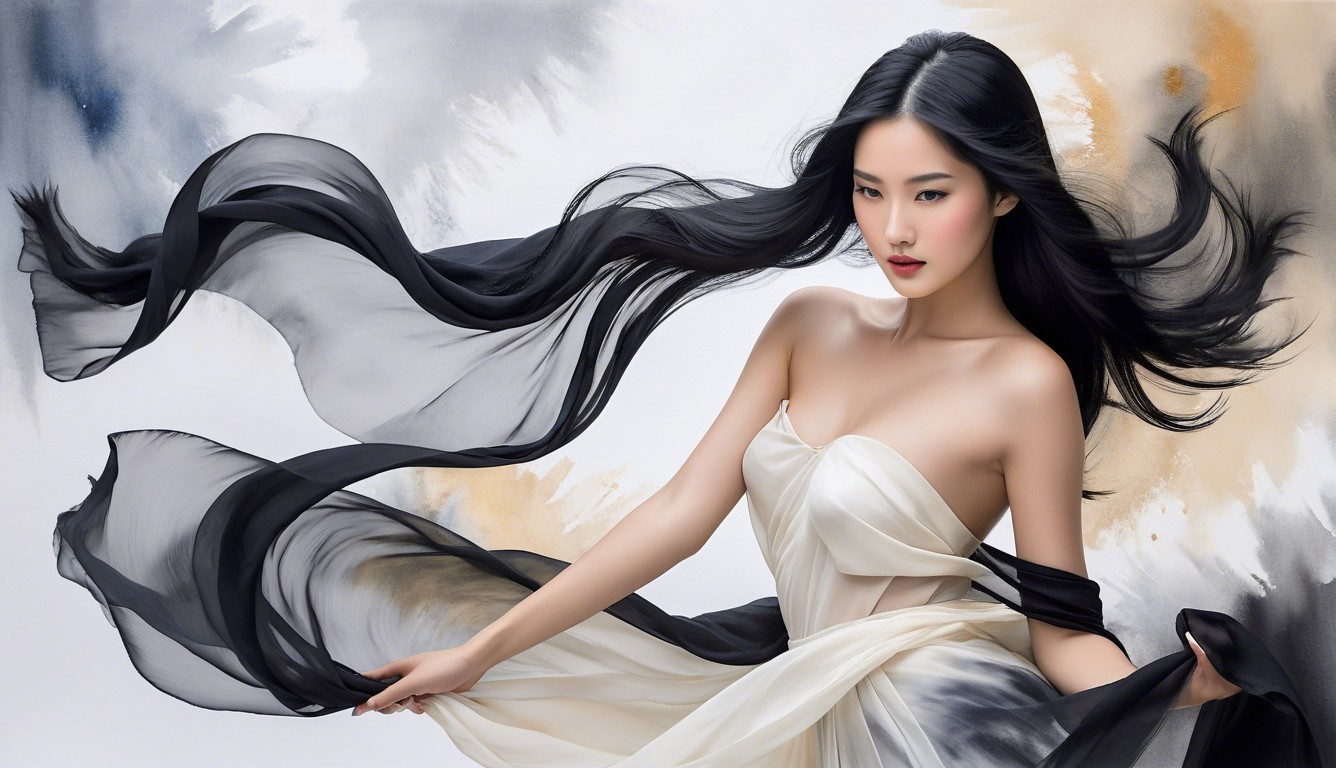 Portrait of a woman in flowing dress with abstract background
