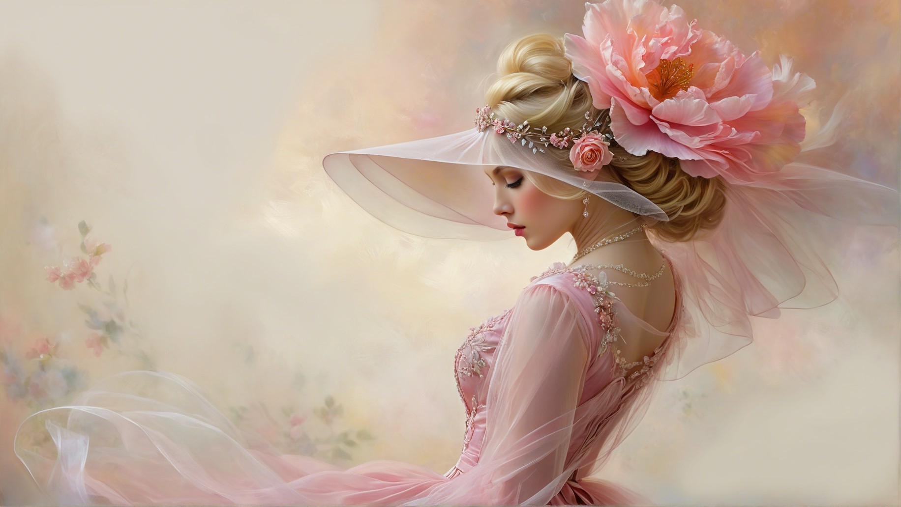Graceful woman in pink gown with floral embellishments
