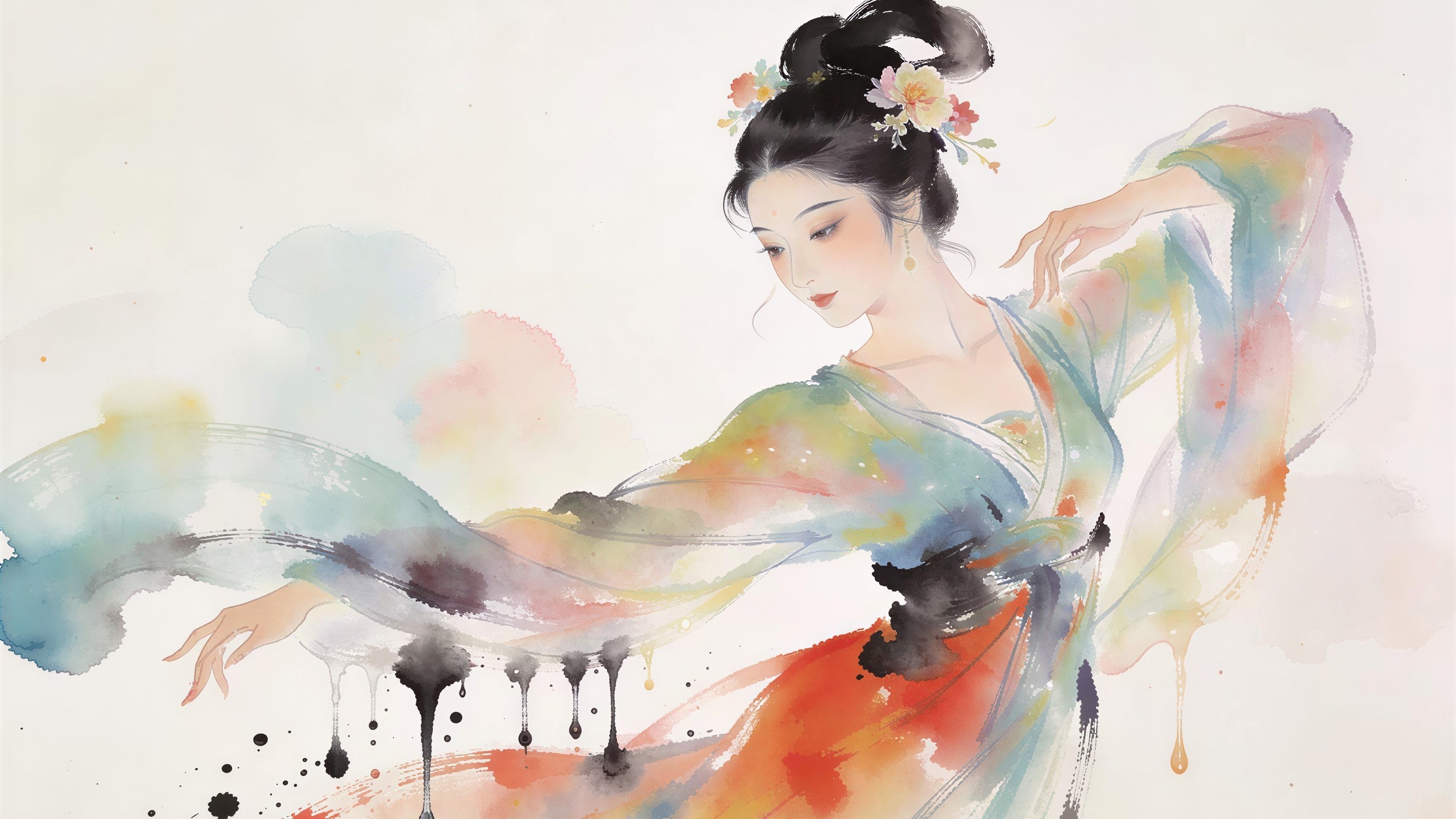 Watercolor painting of an Asian woman in traditional dress