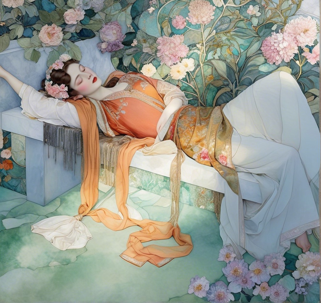 Ethereal Figure on Stone Bench Surrounded by Flowers