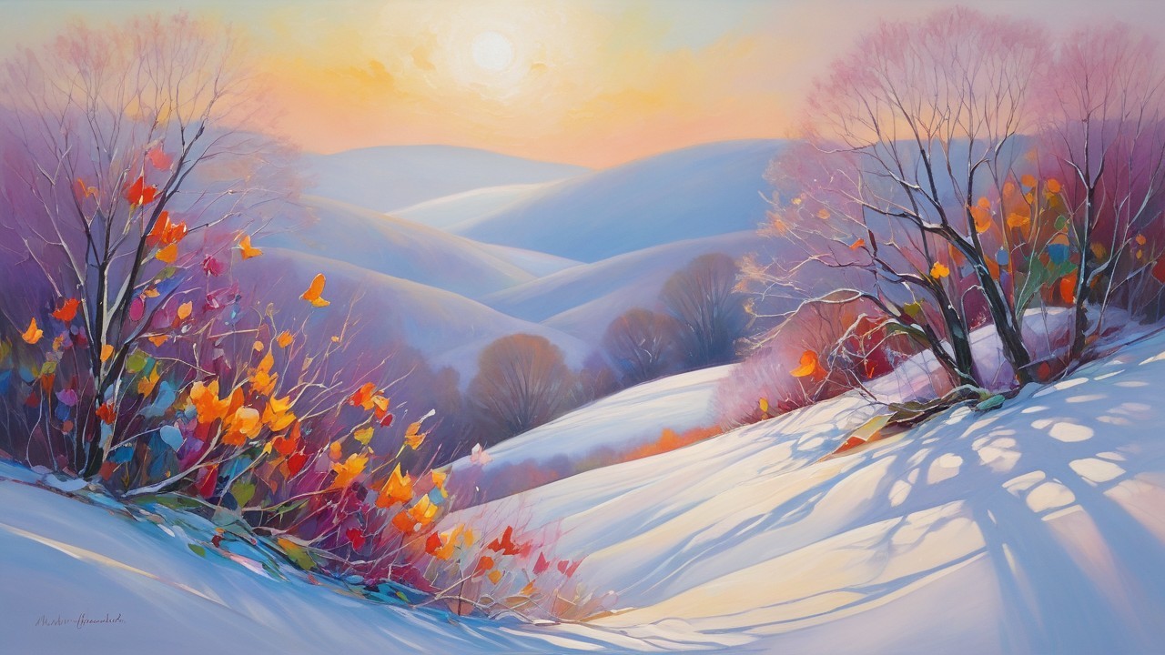 Winter Landscape with Snowy Hills and Autumn Leaves