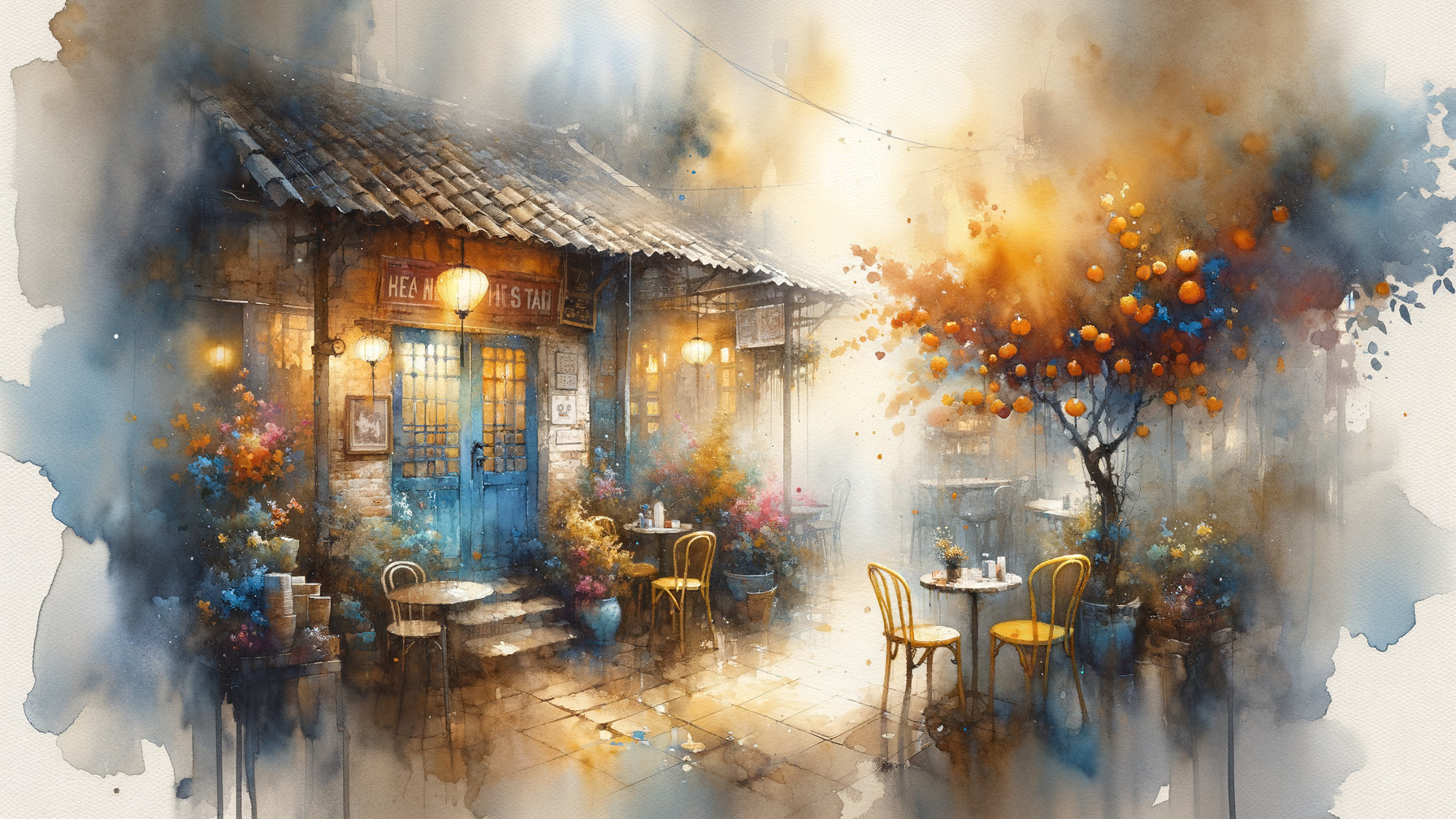 Quaint café street scene with vibrant outdoor seating