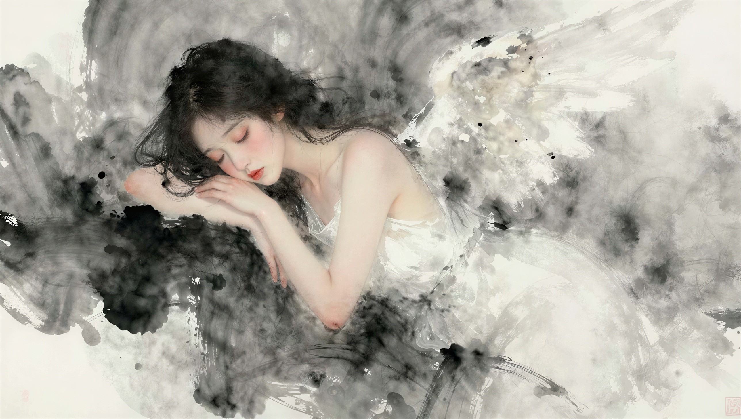 Watercolor Painting of a Sleeping Angel in Grey Tones