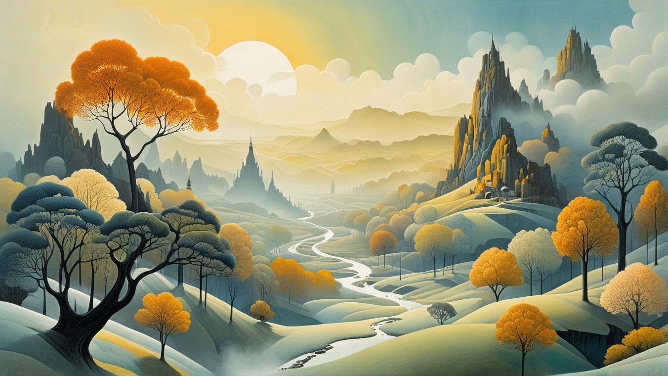 Serene Landscape with Rolling Hills and Mountains