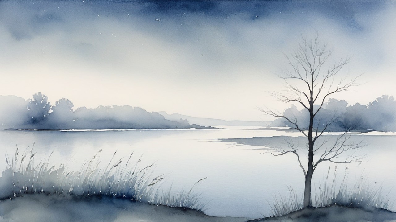 Watercolor Landscape of a Tranquil Lake and Hills