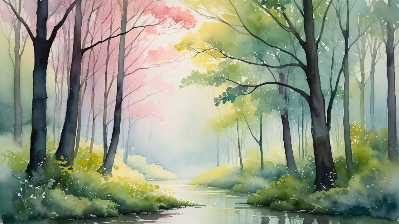 Tranquil Watercolor Forest Landscape with Stream