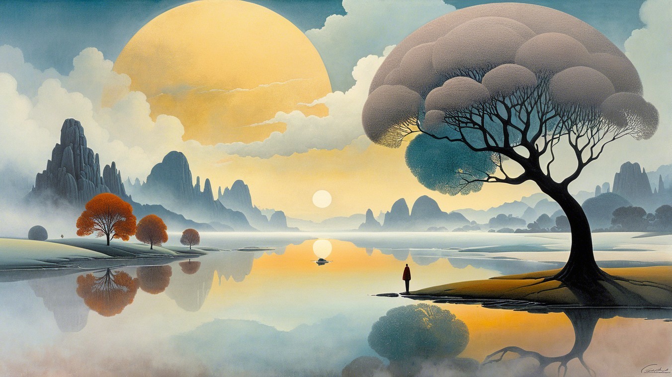 Tranquil Lake Landscape with Silhouetted Mountains