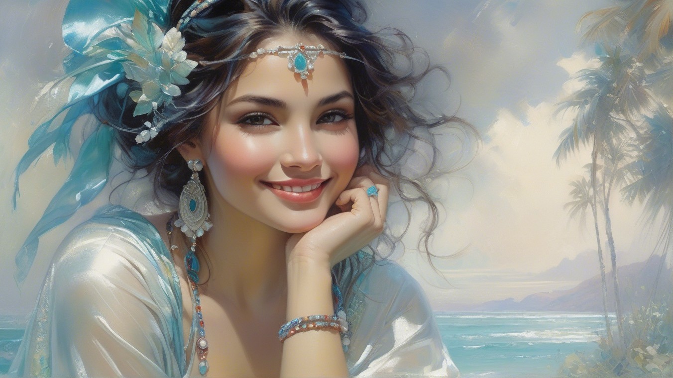 Young Woman in Flowing Garment at Tropical Beach