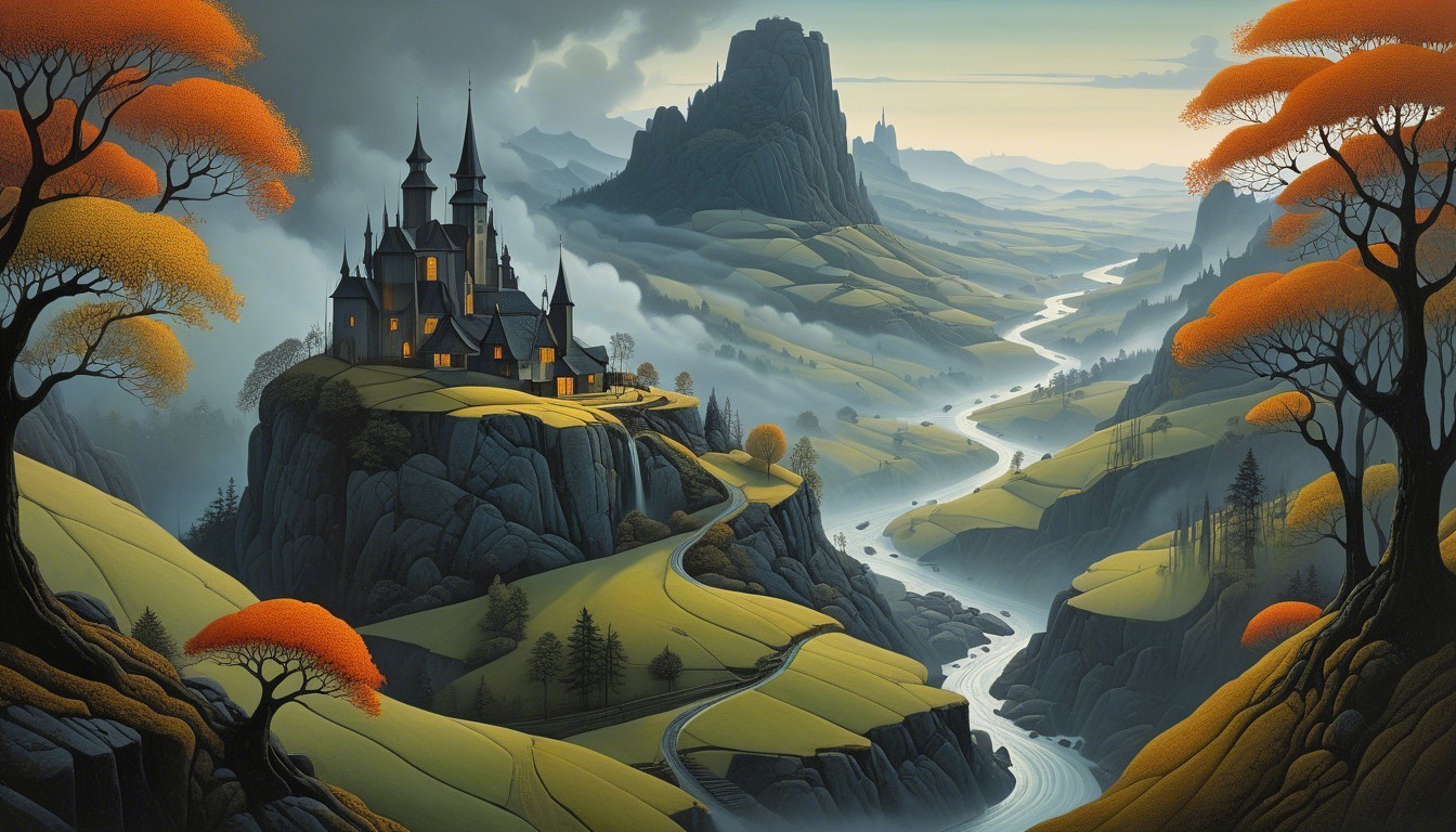 Whimsical Landscape with Castle and Autumn Trees