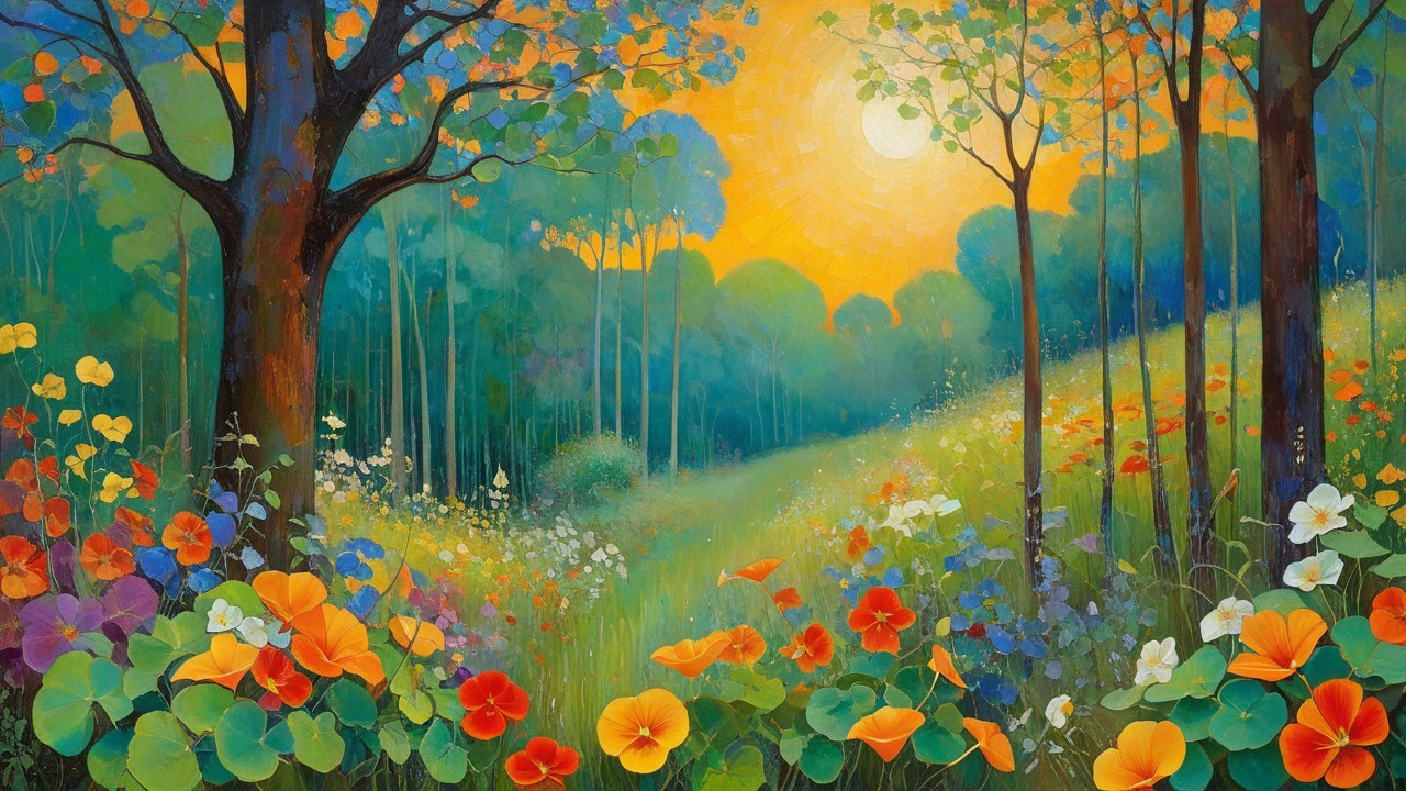 Sunlit Meadow with Colorful Flowers and Trees