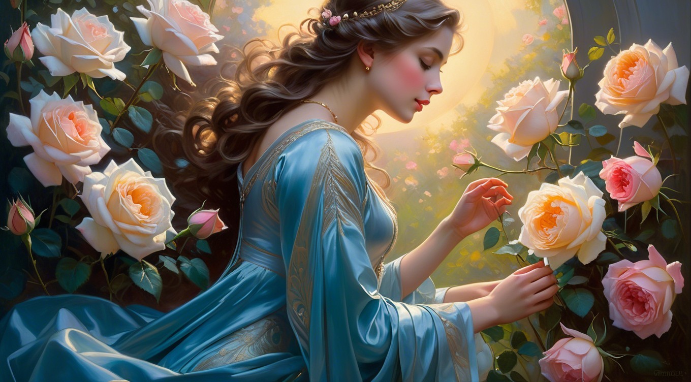 Young Woman in Blue Gown Among Blooming Roses
