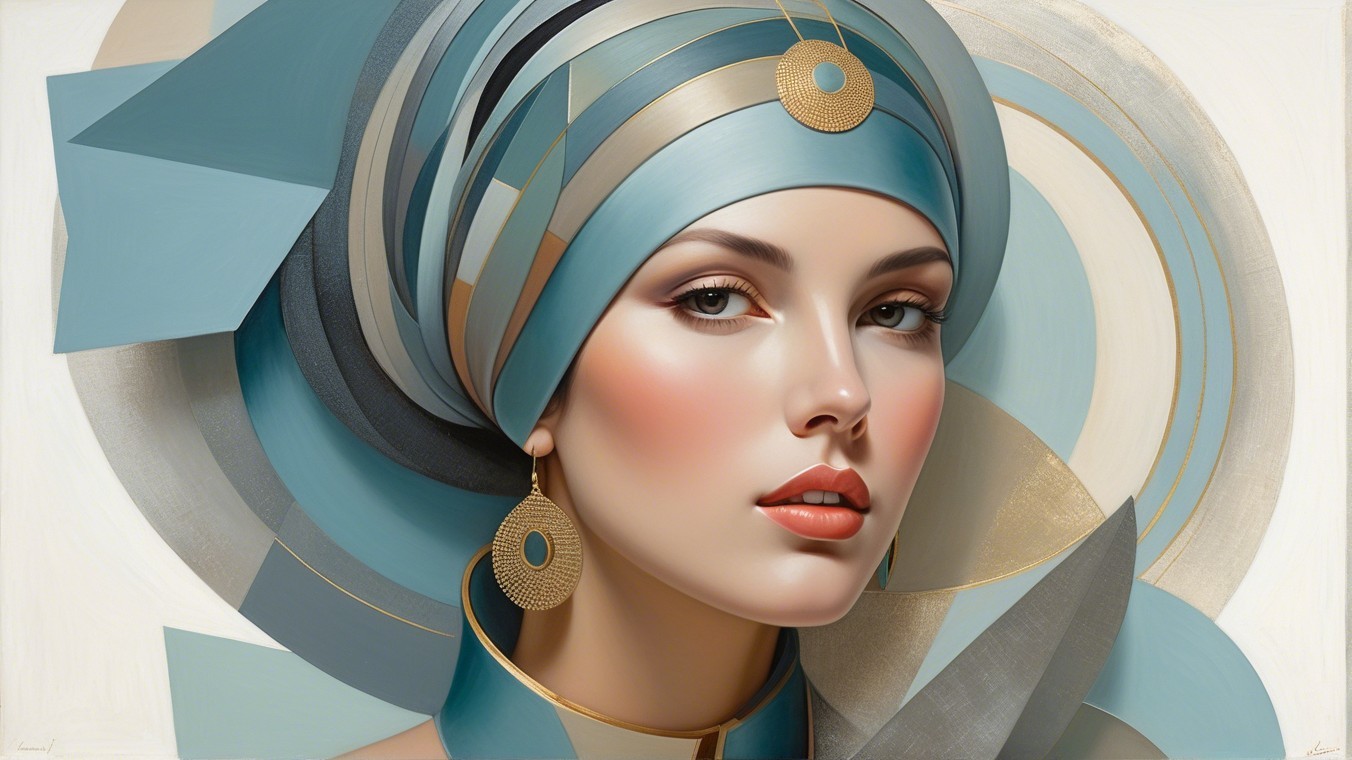 Portrait of a woman with geometric headscarf design