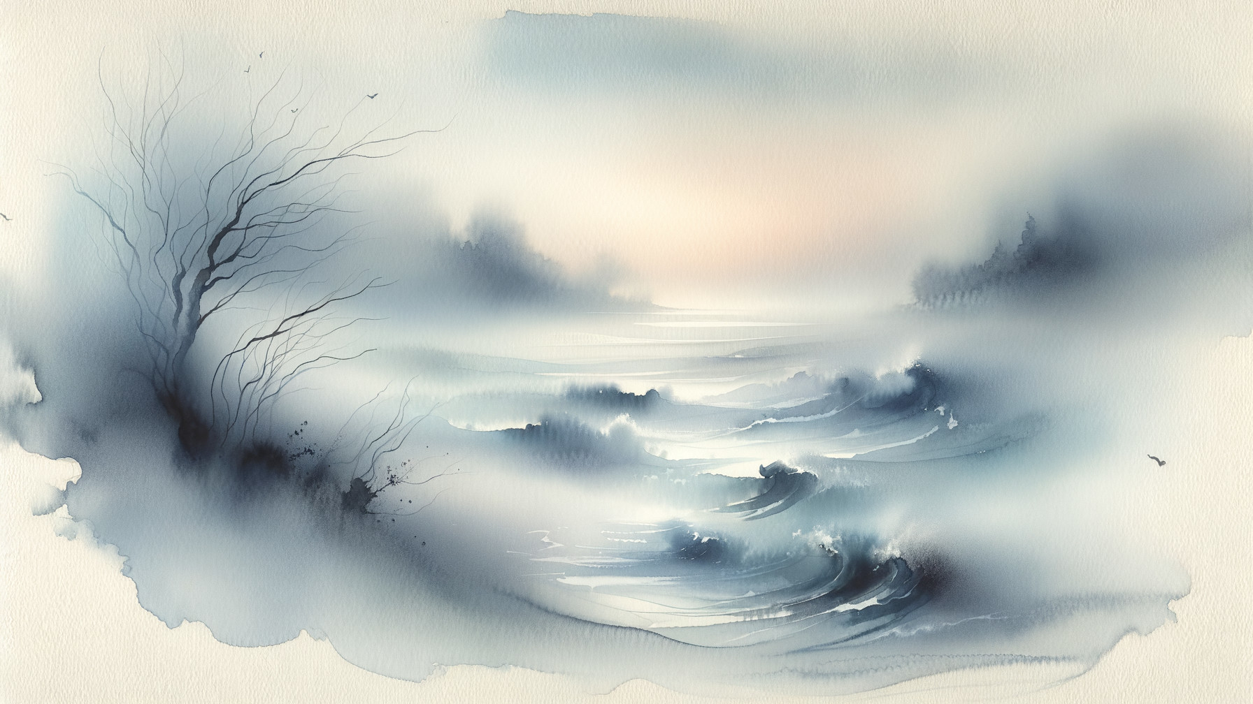 Misty Ocean Landscape in Serene Watercolor at Dawn