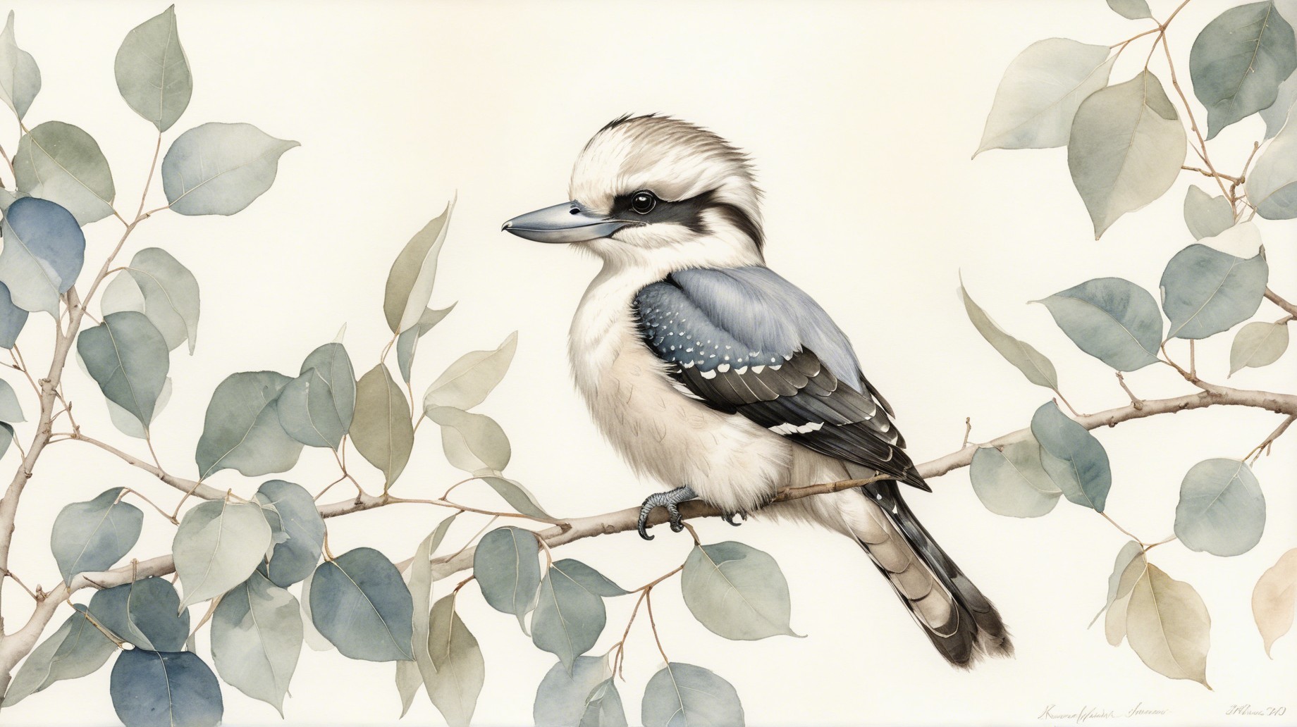 Watercolor of Kookaburra on Branch with Detailed Feathers