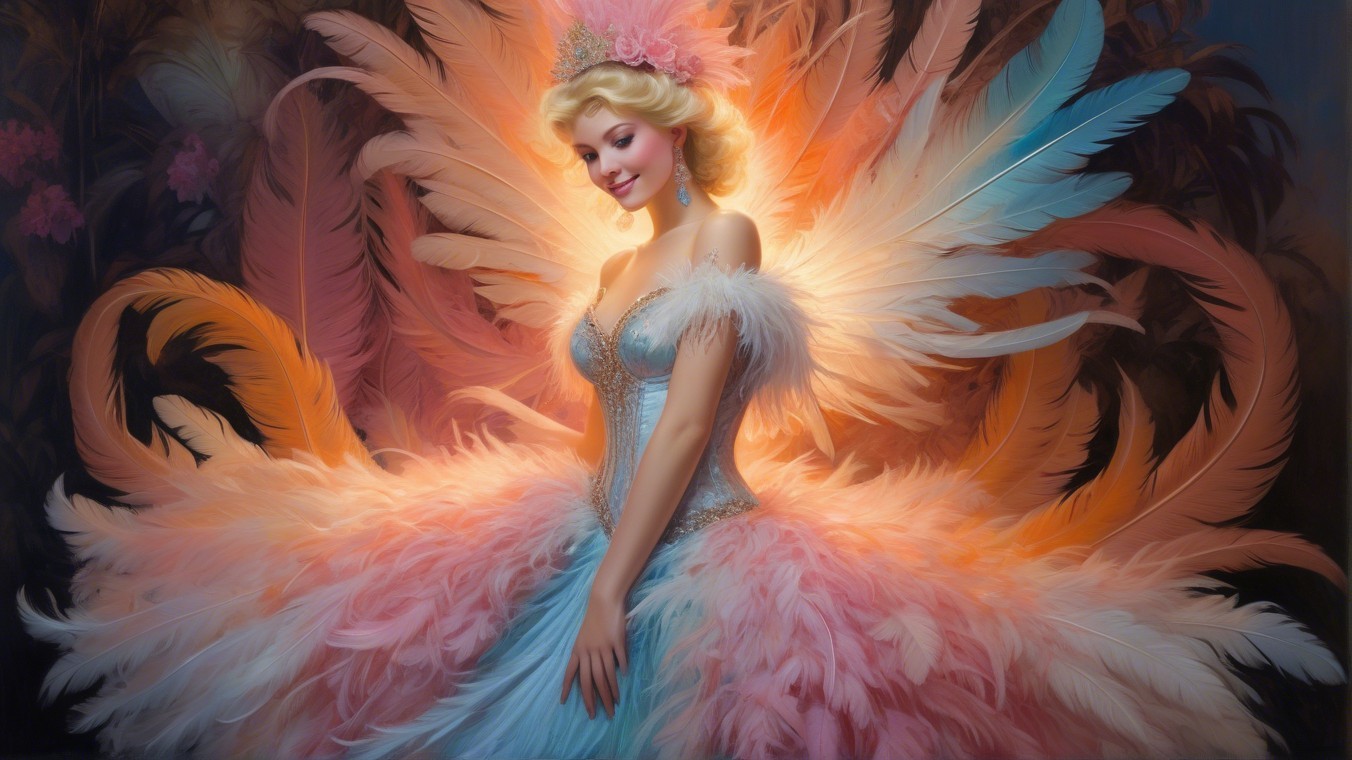 Glamorous figure in pastel feather gown and floral headpiece