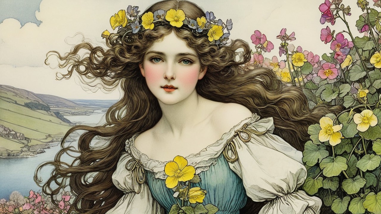 Young woman in blue dress with floral crown in nature