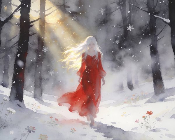 Watercolor Winter Wonderland with Girl in Red Dress