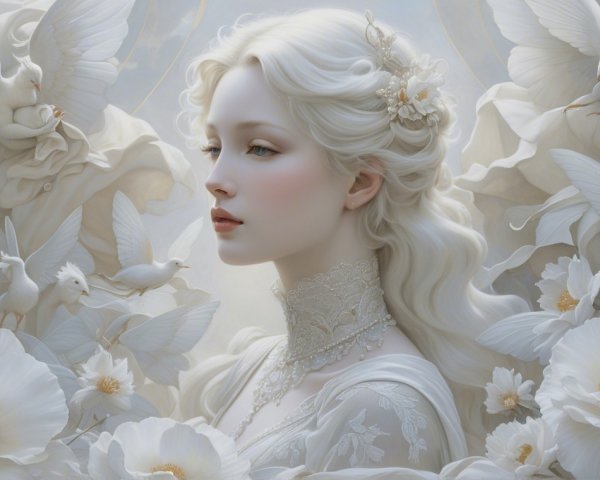 Serene Young Woman with White Hair and Doves