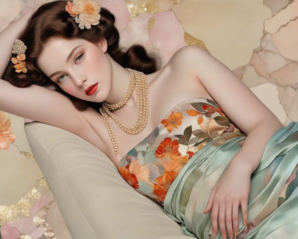 Serene Portrait of Woman in Floral Dress and Pearls