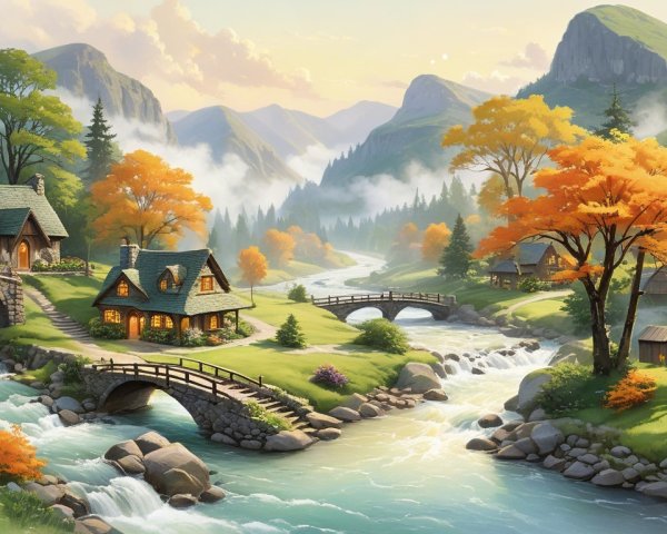 Charming Cottages in Autumn Landscape with River and Mountains