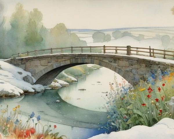 Winter Landscape with Stone Bridge and Wildflowers