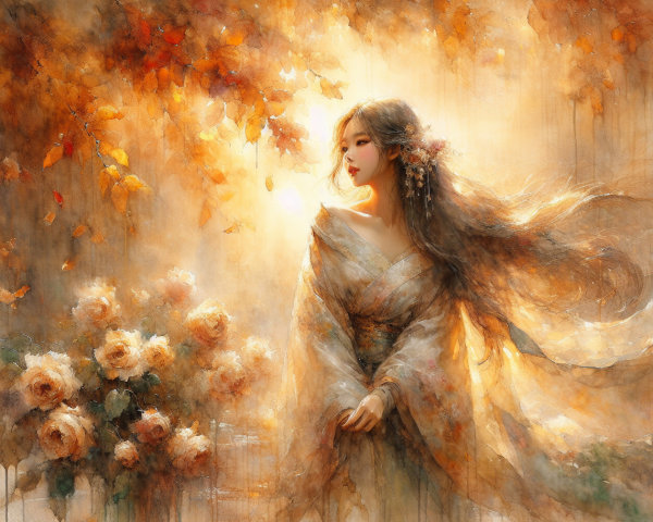 Serene Woman in Dreamy Autumn Landscape with Roses