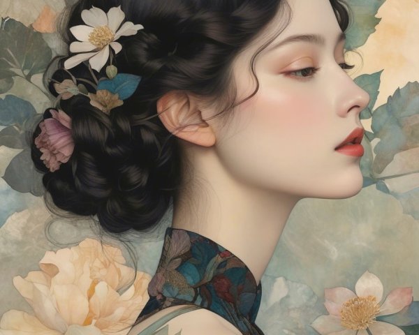 Serene Profile Portrait of a Woman with Flowers
